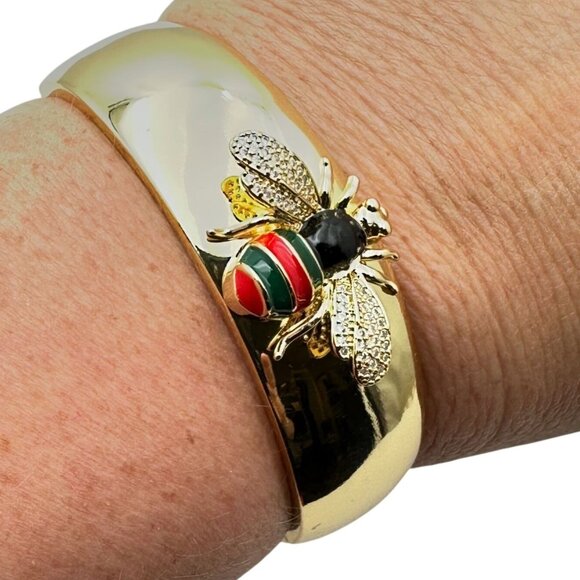 Bee Bracelet Clear Crystal Red Green Enamel Gold Plated Hinged Bangle 7 Inch - Picture 6 of 6